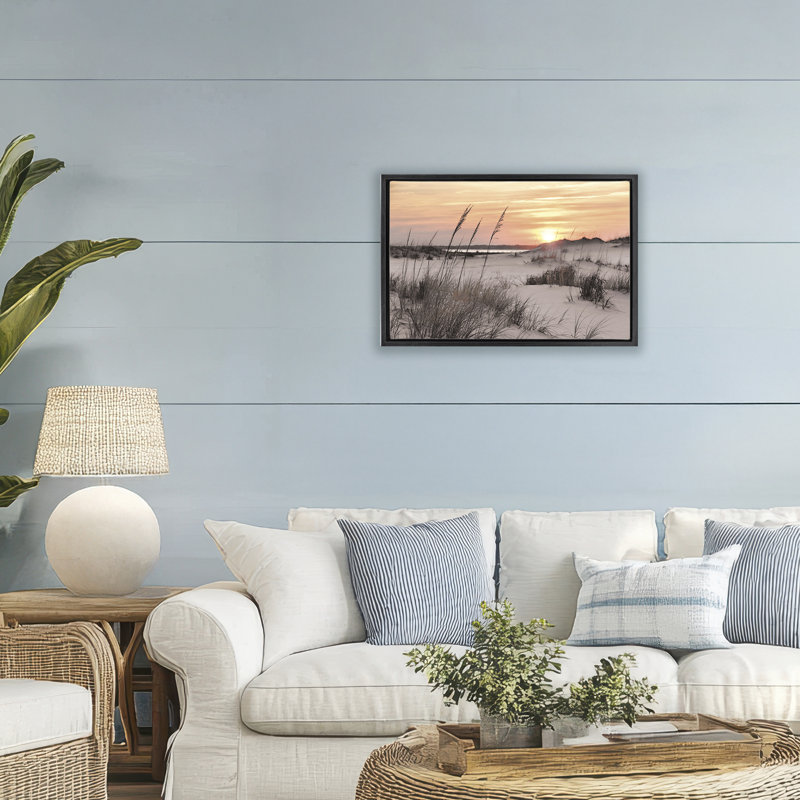 Cadre flottant Peachy Seashore Sunset, design par Mike Jones, Cadre flottant noir de jais, H 17 po x l 25 po