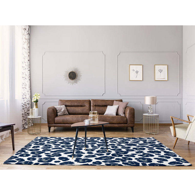 Animal Print White/Navy/Gray Area Rug, Rectangle 9' x 12'