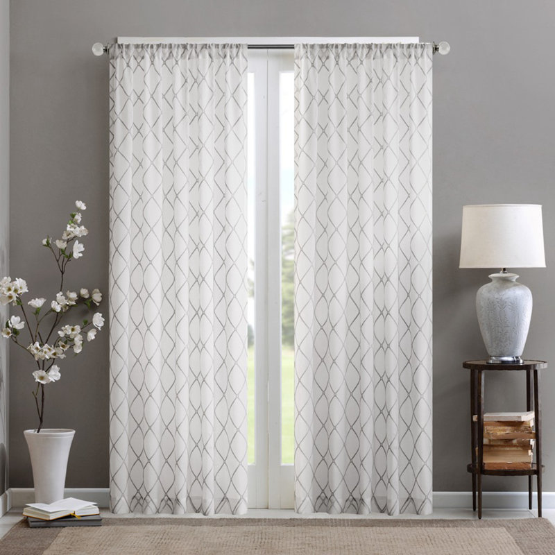 White Sheer Embroidered Rod Pocket Curtain Panel