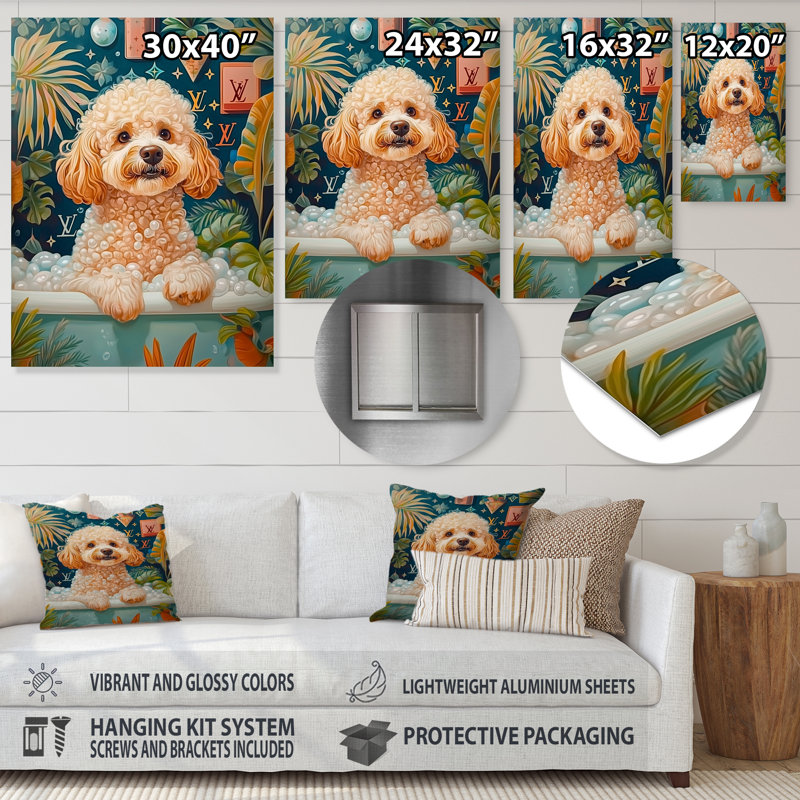 Caniche chien bain temps bulles II - chien Wall Art salon, Sans cadre, métal, H 40 po x l 30 po