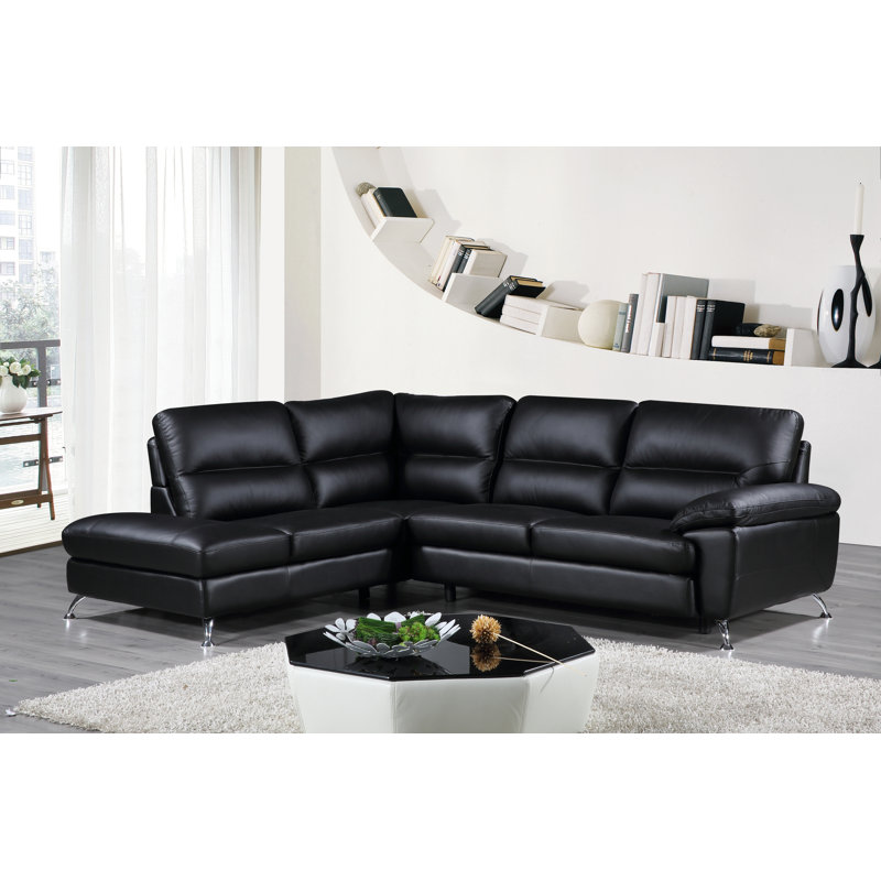  Contemporary Boston Genuine Leather Sectional Sofa with Left Chaise Lounge, Black 80"x98"