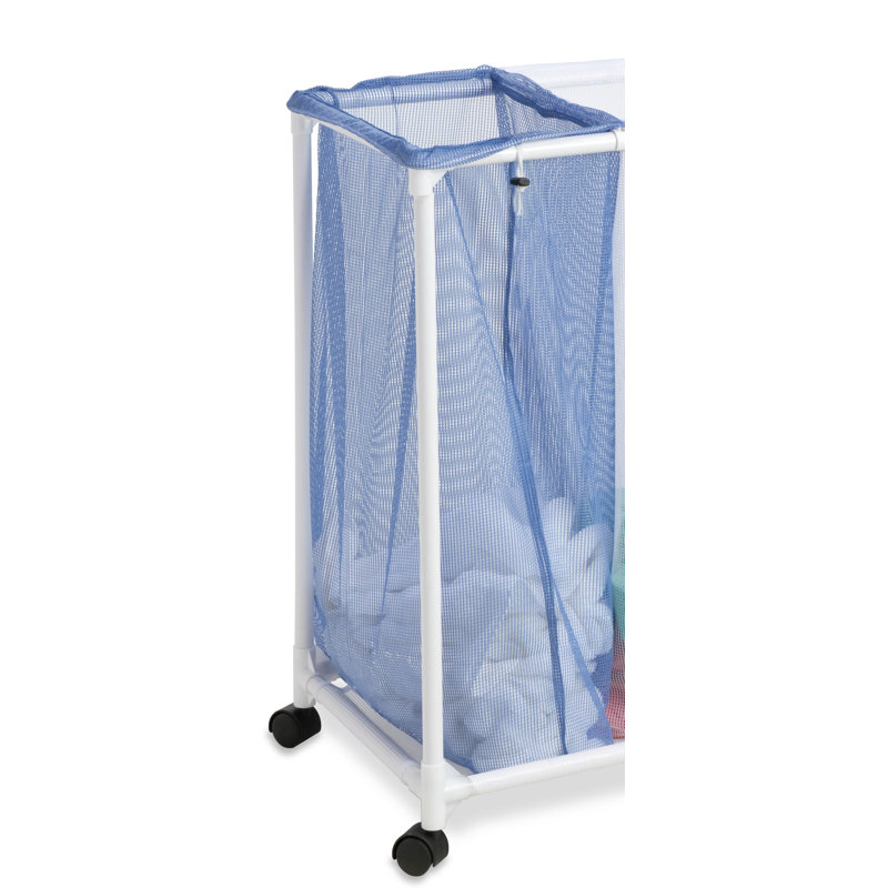 Blue and White 3-Bin Mesh Laundry Sorter with Wheels