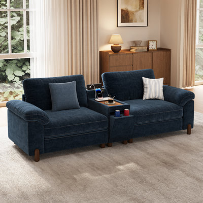 Causeuse 35 po avec console de chargement polyvalente, porte-gobelets et housses lavables, chenille bleu marine