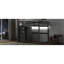 Lit mezzanine double en bois avec garde-robe, tablettes, luminaire suspendu à DEL et tablettes de taille grise