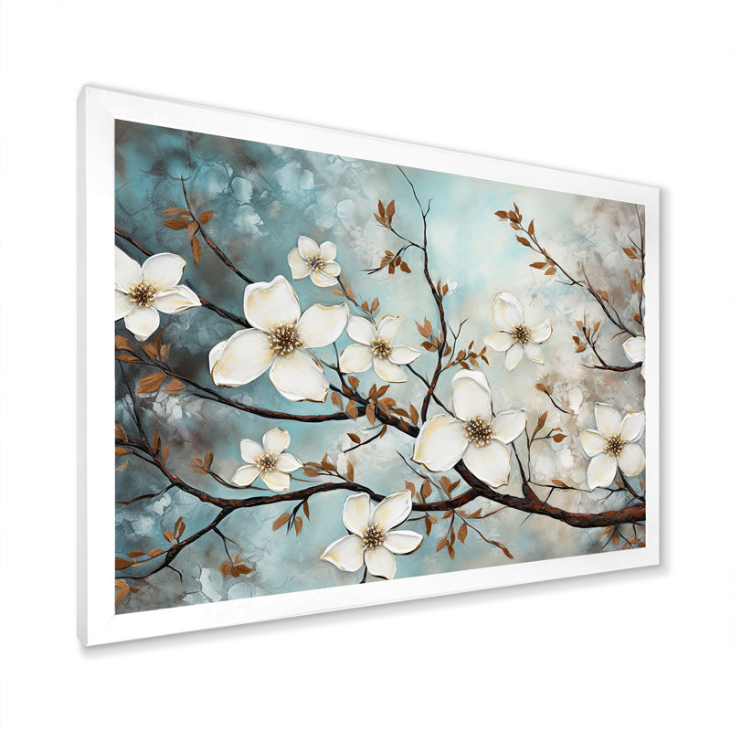 Dogwood Beauties - art mural cornouiller pour le salon, H 34 po x l 44 po x P 1,5 po, Cadre simple blanc