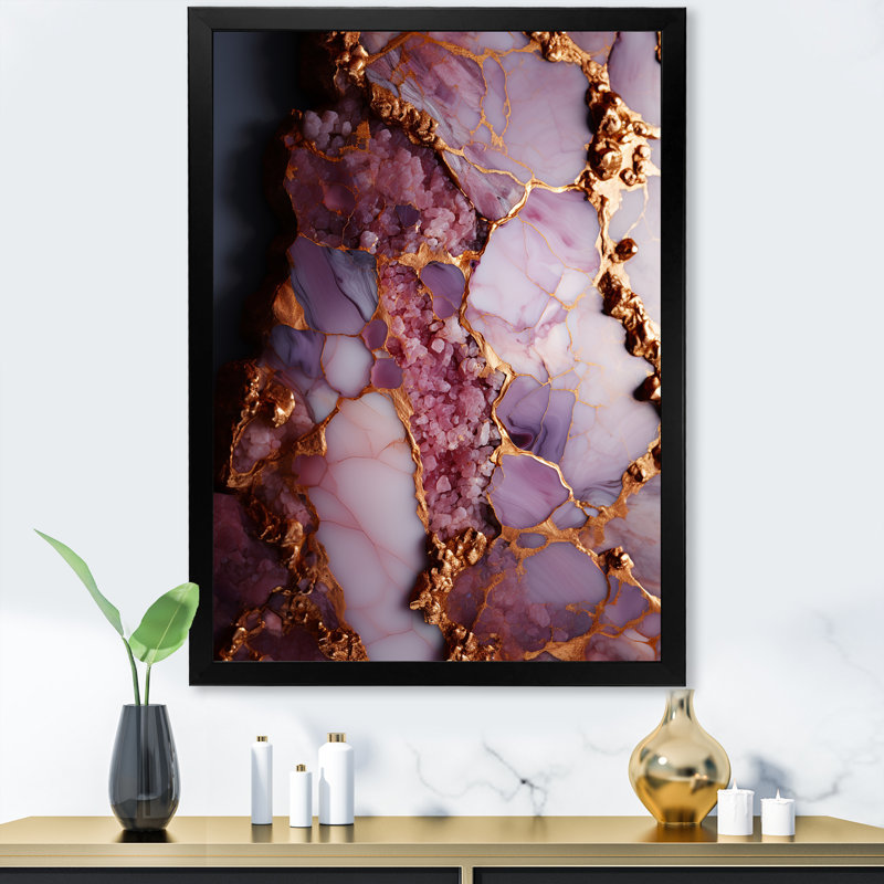 "Agate II en marbre rose et doré", Cadre simple noir, H 20 po x l 12 po x P 1 po