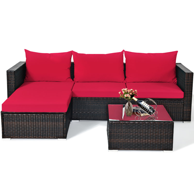 Ensemble de conversation pour patio en rotin 5 pièces avec repose-pieds et table basse, Rouge