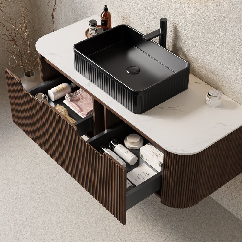 DINA 48" Bathroom Vanity With Sink, Wall-Mounted Floating Curved Edges Striped Bathroom Storage Cabinet With 2 Drawers, Black Rectangular Ceramic Basin, No Faucet, Pre-Assembled, Dark Walnut Color