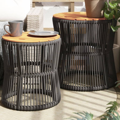Bay Isle Home™ Patio Side Tables 2 Pcs With Wooden Top Poly Rattan