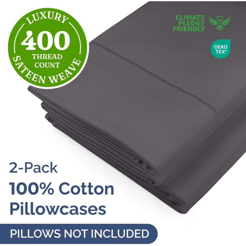 100% Cotton Pillowcase Set, 400 Thread Count Hotel Luxury Pillowcases, Soft & Breathable, Set of 2, Queen, Dark Gray