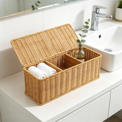 Panier de rangement en osier avec couvercle, panier étroit rectangulaire pour la salle de bain, bac en imitation rotin de ferme avec séparateurs, organisateur de plateau décoratif tissé à la main pour le comptoir des toilettes du réservoir