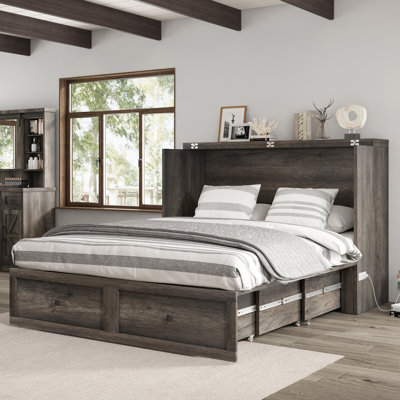Wilkinson Farmhouse Queen Murphy Bed with Large Storage Drawer & Charging Station, Gray