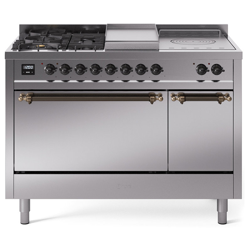 ILVE Nostalgie II 48 in Dual Fuel Range, 5 Burner, Griddle, Frenchtop, Liquid Propane, Stainless Steel/Bronze