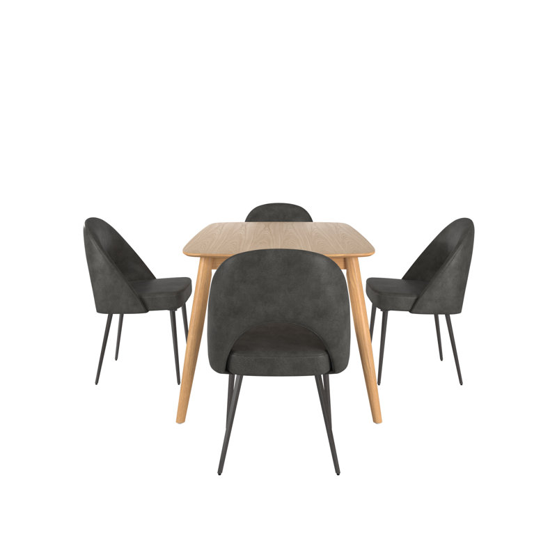 Faught Mid-Century Modern Tapered Dining Set - Leather, 63" Dining Table And 4 Chairs, Natural, Dark Gray