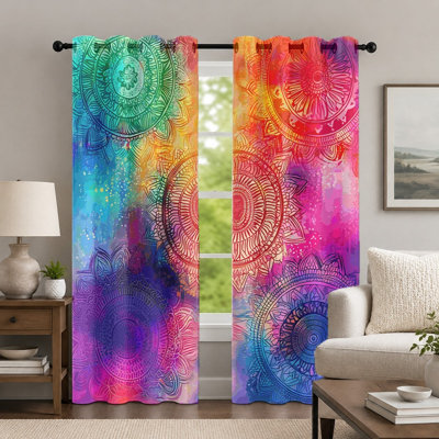 2Pcs Colorful Mandala Print Curtains, Bohemian Style Drapes, Artistic Watercolor Pattern Grommet Window Panels, Home Decoration for Bedroom Living Room