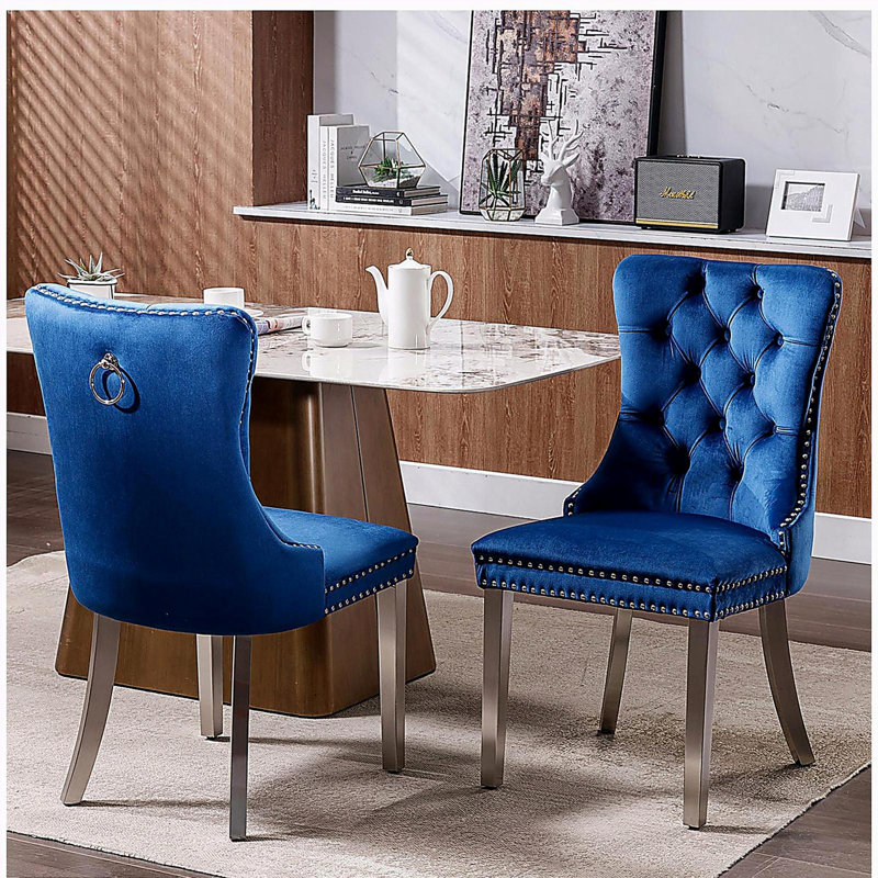 Tufted Solid Wood Contemporary Velvet Upholstered Dining Chair with Chrome Stainless Steel Plating Legs,Nailhead Trim,Set of 2