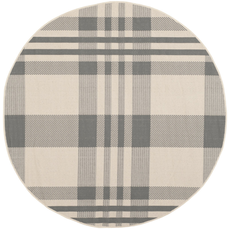 Tapis d'intérieur / extérieur à motif écossais Debriana Performance, Grey/Bone, Rond 6 pi 7 po