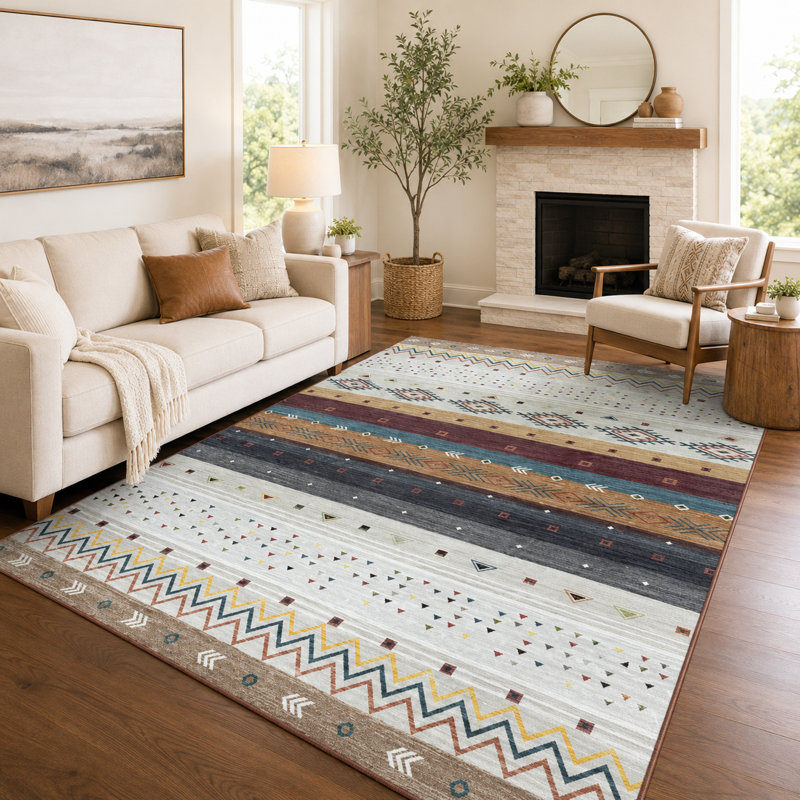 Wymond  Machine Washable Moroccan Area Rug Aztec Geometric Carpet With Non-Slip Backing, Rectangle 60" x 96"