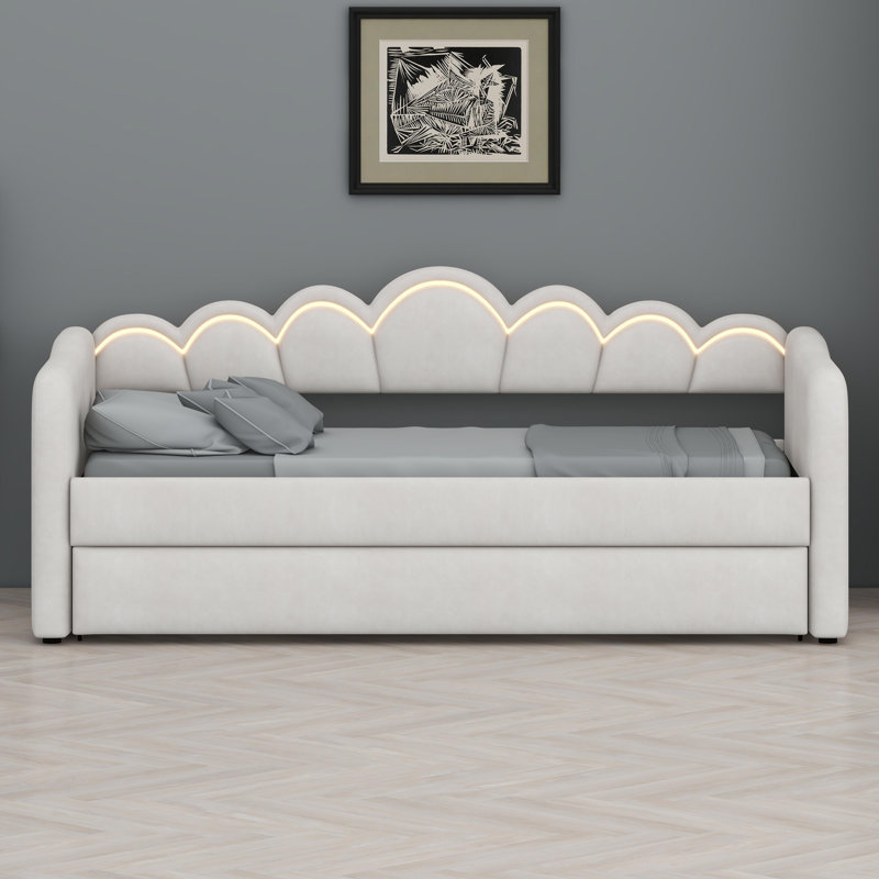Modern Upholstered Daybed with Integrated LED Lighting and Convertible Trundle, White