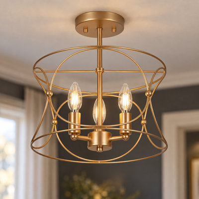 3-Light Dimmable Drum Cage Semi-Flush Mount Ceiling Light with Rose Gold Finish