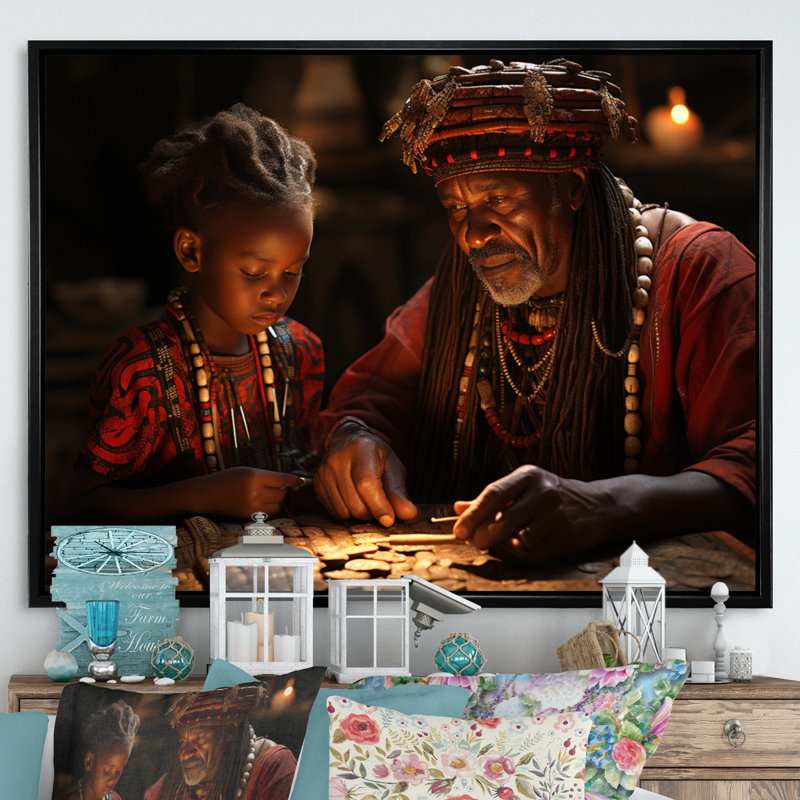 Sagesse africaine ancienne sur toile, H 30 po x l 40 po x P 1,5 po, Cadre flottant noir