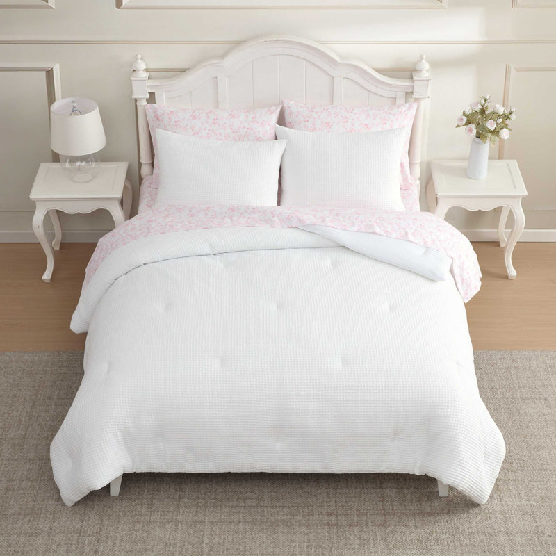 Laura Ashley Waffle Solid White Reversible Comforter Bonus Set, Queen Comforter + 6 Additional Pieces