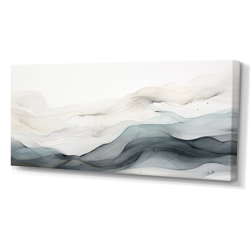 Bleu gris, dessin au trait abstrait conceptuel II - Art mural, Toile tendue, H 28 po x l 60 po, Sans cadre