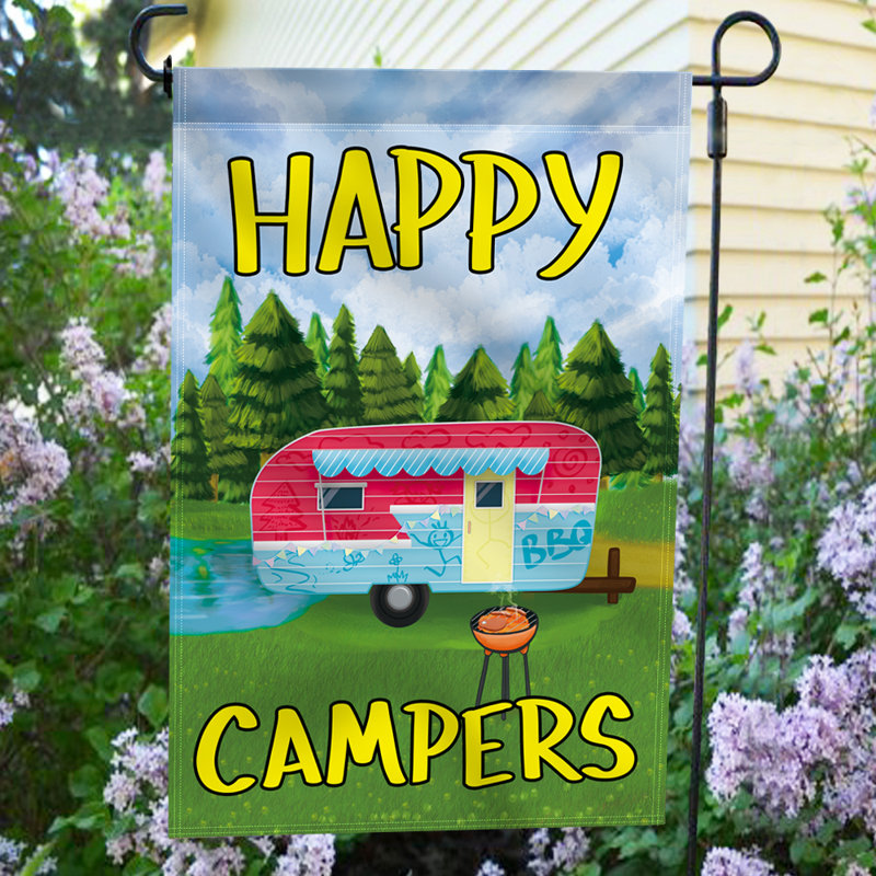 Drapeau de jardin en polyester 18 po x 12,5 po Happy Campers
