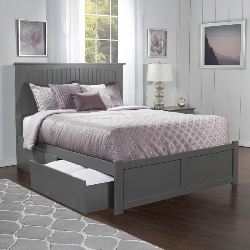 Kindig Solid Wood Storage Platform Bed with Panel Footboard and Storage Drawers, King, Gray