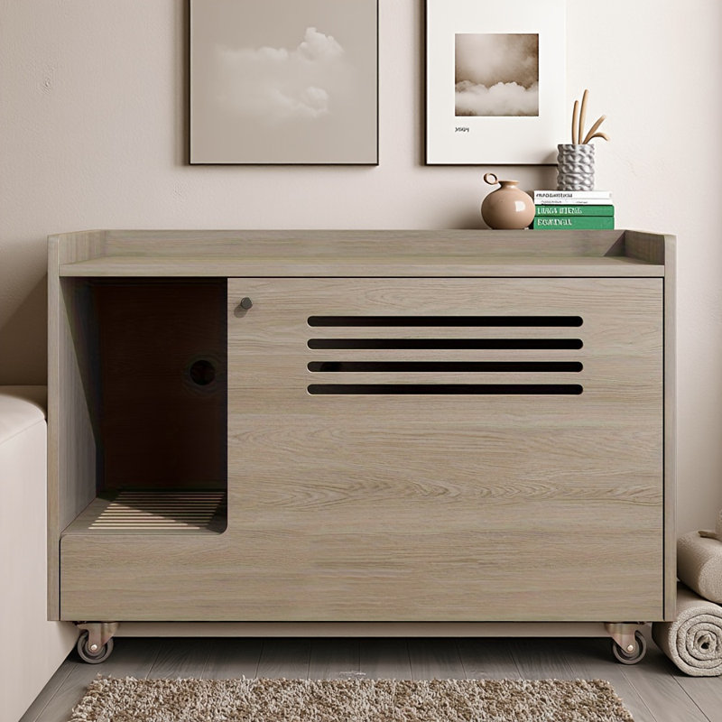 Enceinte de litière pour chat cachée grise - Maison pour animaux en bois avec clôture supérieure (table de bout latérale / table de chevet), roues silencieuses, 4 grilles de ventilation, tapis de litière intégrée et rangement pour cuillère, convient à la plupart des bacs à litière