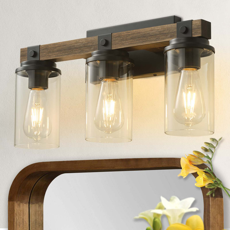 Éclairage de meuble-lavabo en bois 3 lumières avec abat-jour en verre transparent Edgware, 3