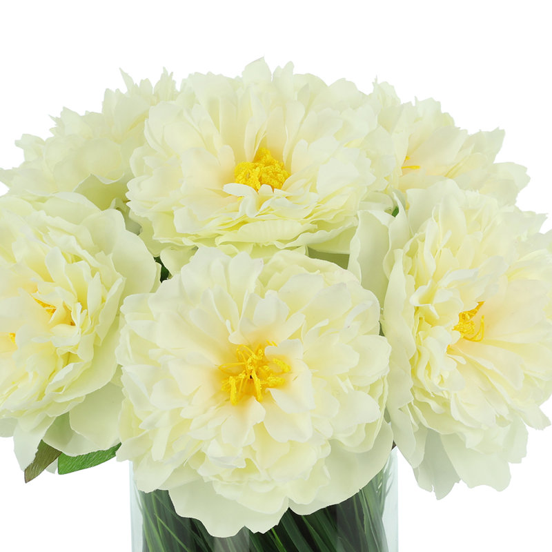 Faux Peony Arrangement in a Glass Vase, Cream