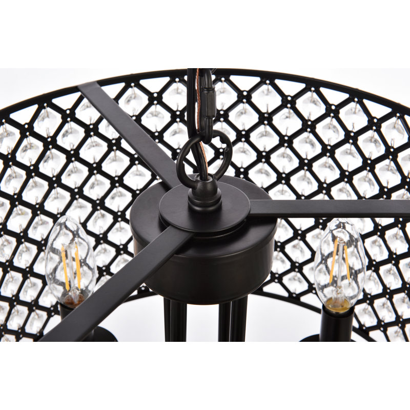 Dusin 4-Light Dimmable Crystal Drum Chandelier, Black, Black/Clear, 15" H x 14" W x 14" D