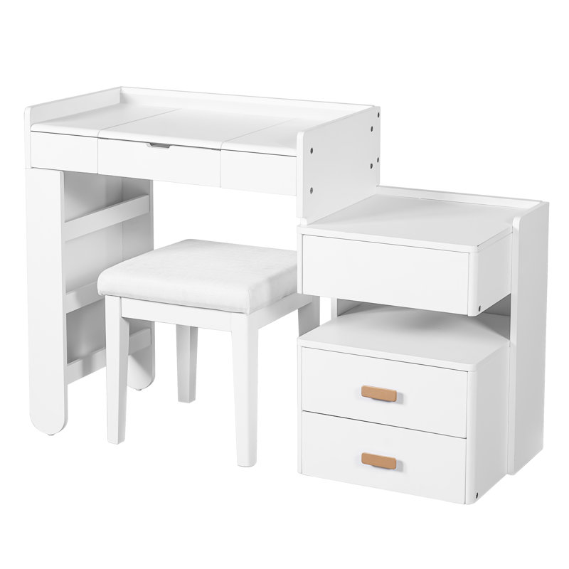 31 coiffeuses avec miroir rabattable, 3 modes d'éclairage couleur et revêtement de tabouret confortable - Ajoutez du confort à votre unité de rangement rétractable à maquillage blanc, bois massif de qualité