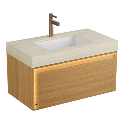36" Floating Bathroom Vanity & Sink, Drawer With Sensor Light, Carrara White Sintered Stone Top, Pre-Assembled, Light Woodgrain