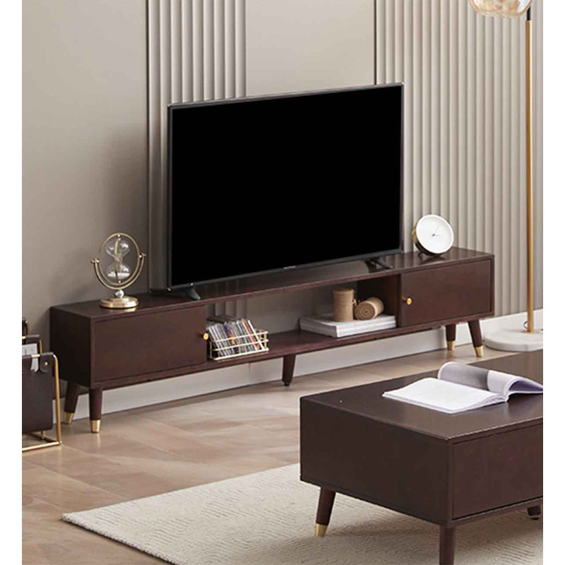 Meuble télé de style transitionnel en bois massif avec tiroirs symétriques, 15" H x 47.2" W x 9.4" D, Brown