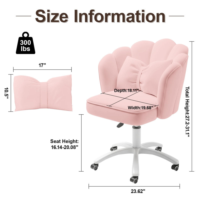 Chaise de coiffeuse pivotante réglable en velours avec coussin à nœud et dossier en pétales, dotée de roulettes, idéale pour la maison, la chambre ou le bureau, noir.