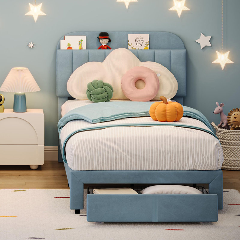 Bed Frame With Drawer, Velvet Upholstered Platform Bed Frame With Storage Headboard, Blue