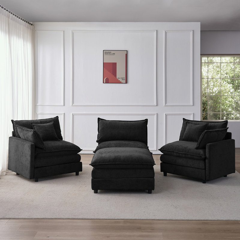 Canapé modulaire en L en chenille avec repose-pieds, Chenille noir