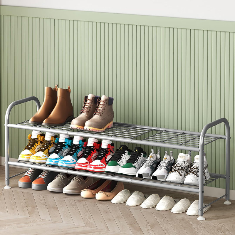 2 Tier Shoe Rack Made of Metal, Exquisitely Designed for Closets and Entryways, Grey