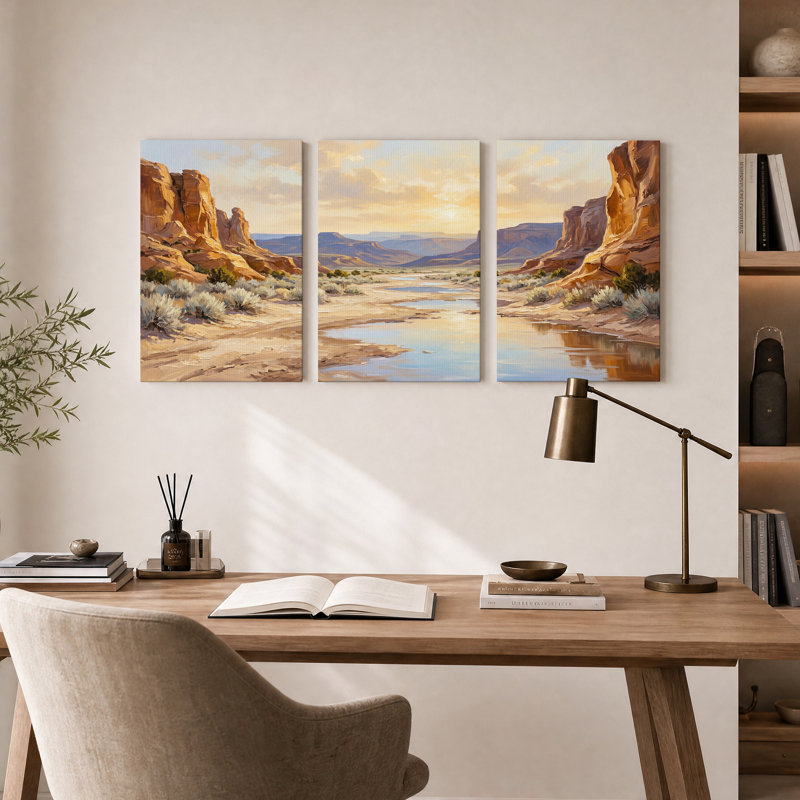 Ensemble de 3 toiles murales représentant une rivière dans un canyon désertique au coucher du soleil, 24"H x 16"W x 3pcs
