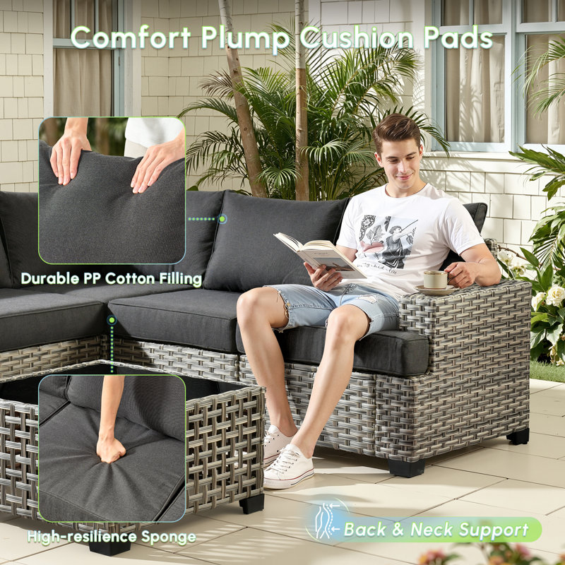 7-Seat All-Weather Outdoor Wicker Patio Conversation Furniture Set With Expandable Fire Pit Table, Black