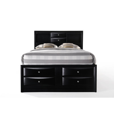 Queen Bed With Black Finish And 8 - Drawer Storage, Rectangular Bookcase Headboard, 5 Platform Boards Storage Drawers In Rails, Recommended Mattress 10 Inches High