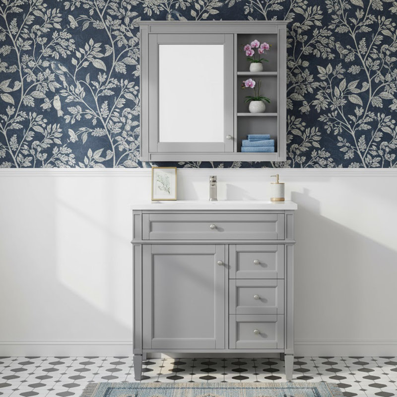 Armoire de rangement de salle de bain moderne avec 2 tiroirs et un tiroir incliné, Gris, Argent argent