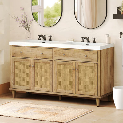 Bathroom Vanity with Double Sink, 4 Soft Closing Doors, Solid Wood Legs and Metal Knobs