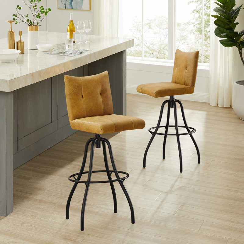 Jaibir Swivel 29.92" Upholstered Top Grain Leather Counter Bar Stools (Set of 2), Light Brown