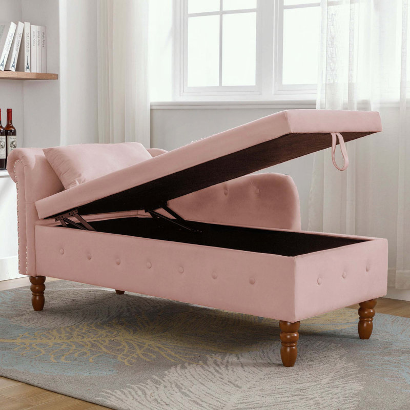 Chaise longue en velours avec rangement, coussin et garniture cloutée, Rose