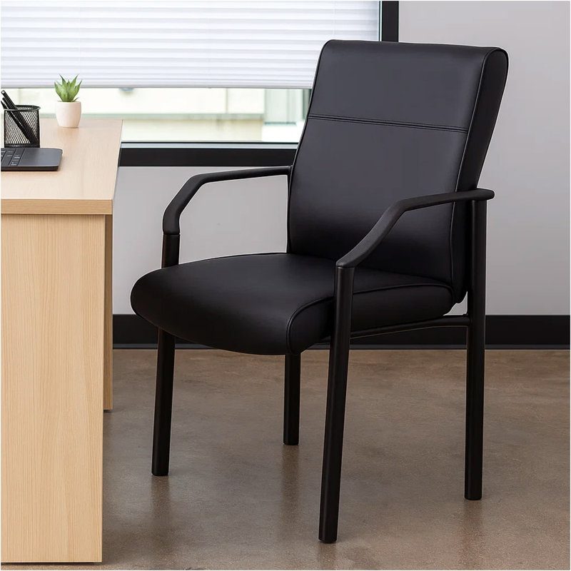 Fauteuil d'invité, similicuir noir, structure en acier, patins anti-vacillement