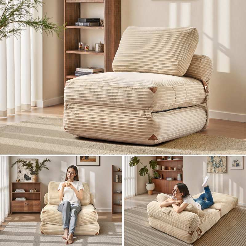 Nathasa Bean Bag Soft Sleeper Chair With Pillow, Foldable Compression Mattress With Back Support, Beige