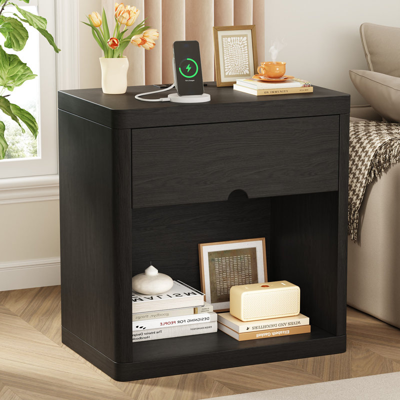 24.8'' H 1 - Drawer Nightstand With Built-In Outlets, Indivudual, Black